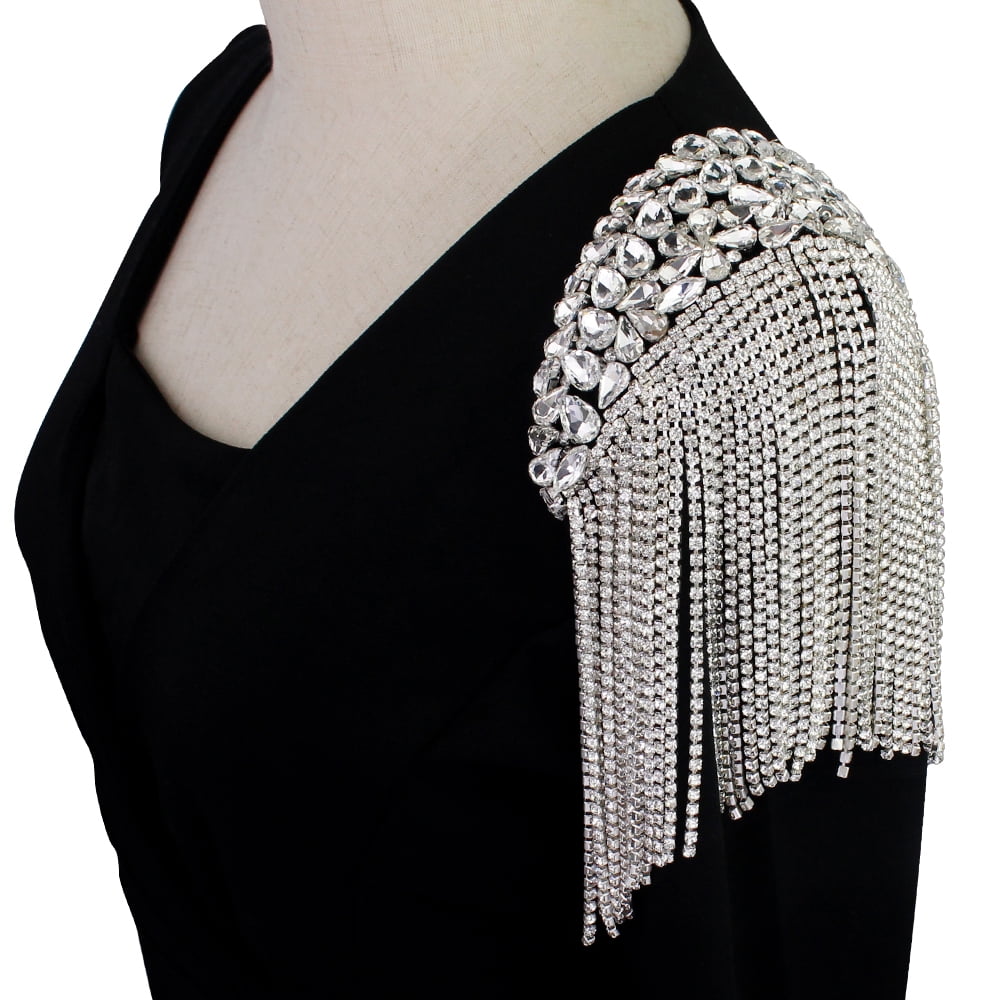 Handmade Epaulette Beading Tassel Rhinestones Crystal Floral Shoulder Epaulettes Patches Blazer Accessories with Brooches Pin back 2 Pieces