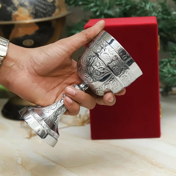 Handmade Etched Brass Chalice Goblet Personalized Wedding Wine Cup Gift with Velvet Box