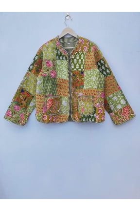 Handmade Ethnic Block Printed Jacket Cotton Quilted Reversible Bomber Upperwear for Women's