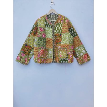 Handmade Ethnic Block Printed Jacket Cotton Quilted Reversible Bomber Upperwear for Women's