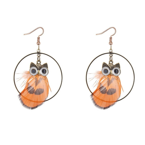 Handmade Ethnic Feather Owl in a Circle Women Fashion Drop Earring Nature Jewelry-131-FO