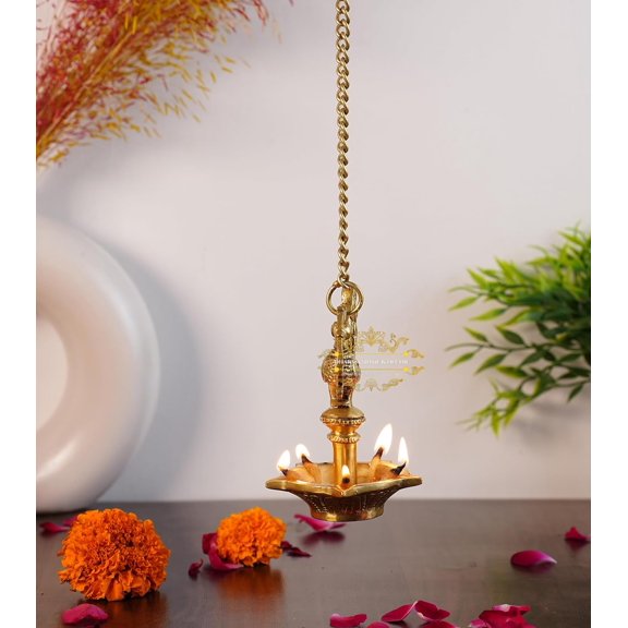Handmade Ethnic Peacock Design 5 Oil Wick Brass Hanging Diya, Brass Diyas for Decoration, Standard