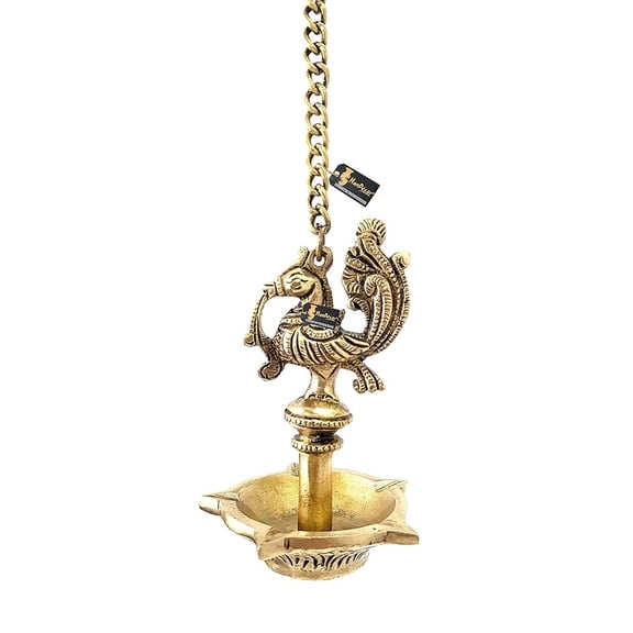 Handmade Ethnic Peacock Design 5 Oil Wick Brass Hanging Diya, Brass Diyas for Decoration, Standard