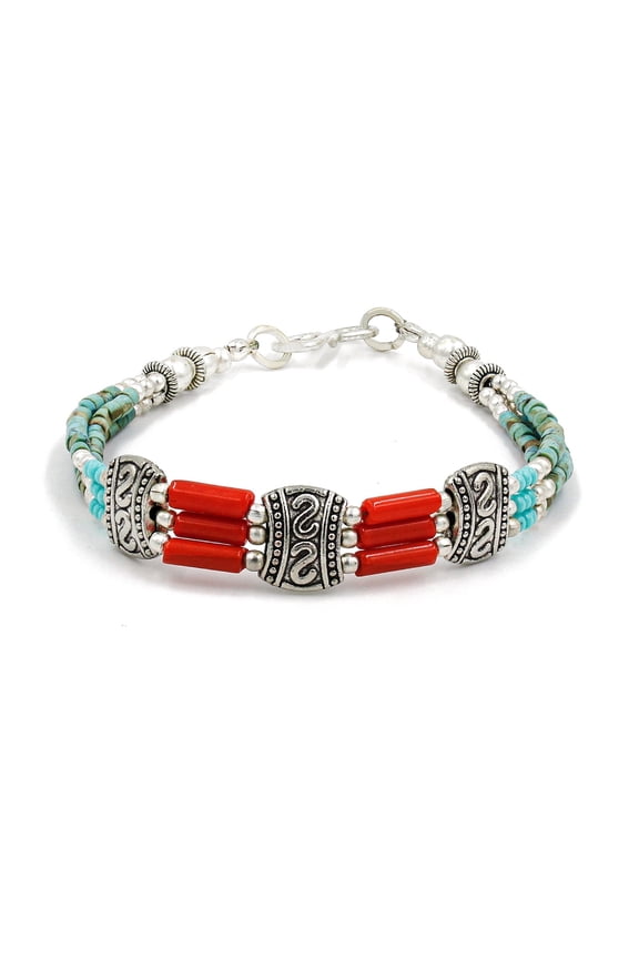 Handmade Ethnic Wristband Bracelet for Women & Men Coral & Compressed Turquoise Gemstone Fashion Boho Tibetan Bracelet 925 Silver Plated Tribal Gypsy Jewellery