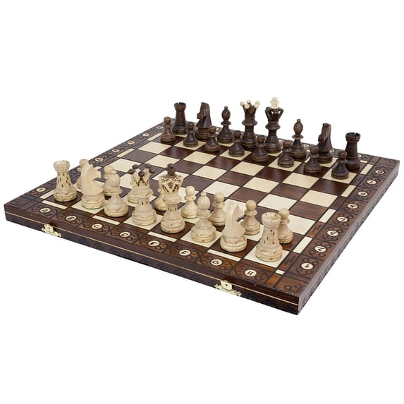 Handmade European Ambassador Chess Set - Wooden 21 Inch Beech & Birch Board with Felt Base - Carved Hornbeam & Sycamore Wood Chess Pieces