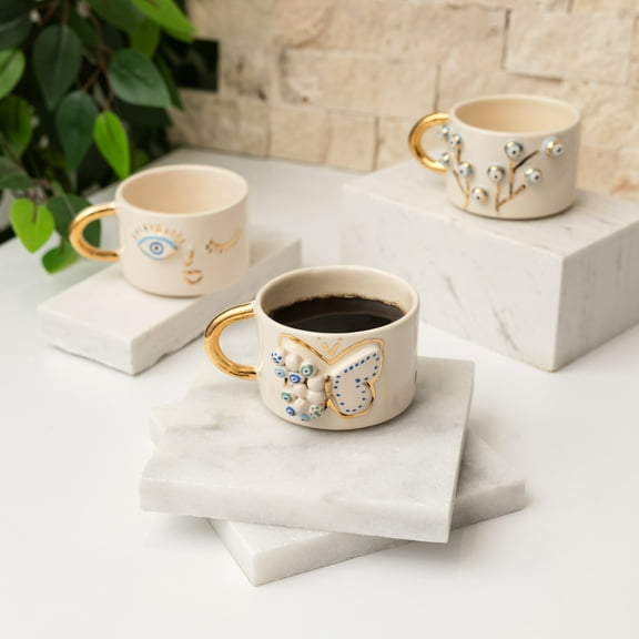 Handmade Evil Eye Butterfly Ceramic Mug With Gold-Plated Handle