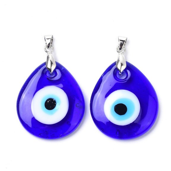 Handmade Evil Eye Lampwork Pendants Teardrop Platinum 35x29.5x5.5mm Hole: 4x6mm