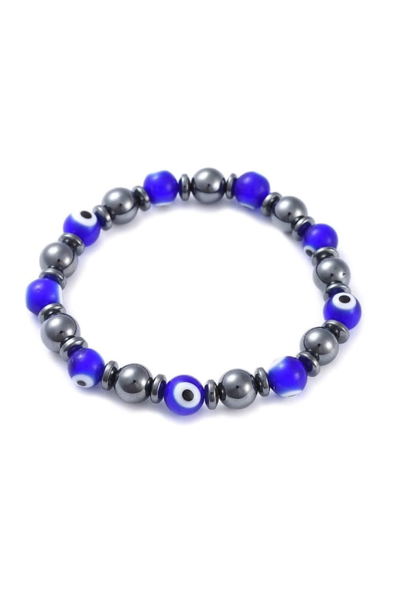 Handmade Evil Eye Stretch Bracelet Non-Strong Hematite Blue 2-1/4"(5.8cm) Z239