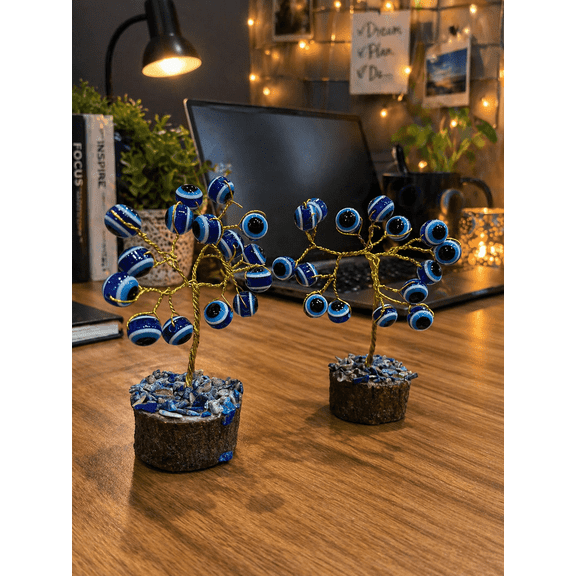 Handmade Evil Eye Tree for Home Decor – Blue Nazar Bead Gemstone Tree on Natural Stone Base for Home, Office Desk, Vastu Decor & Housewarming Gift