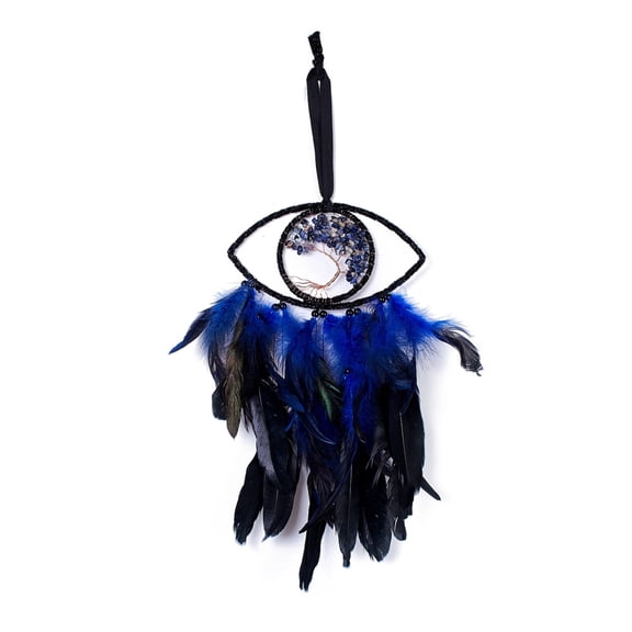 Handmade Eye & Tree of Life Woven Net/Web with Feather Wall Hanging Decoration with Plastic Beads & Copper Wire & Sodalite Chip for Home Offices Amulet Ornament Midnight Blue 520mm