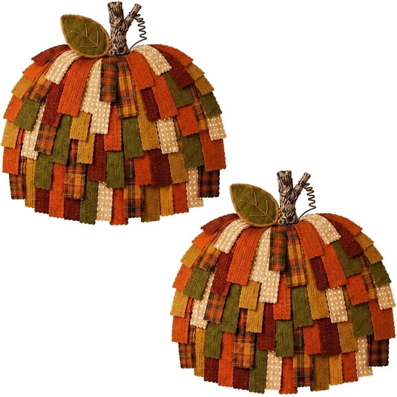 Handmade Fabric Pumpkin Wreath, 27" Fall Decor with Plaid Ribbon & Felt Leaves, 2Pcs