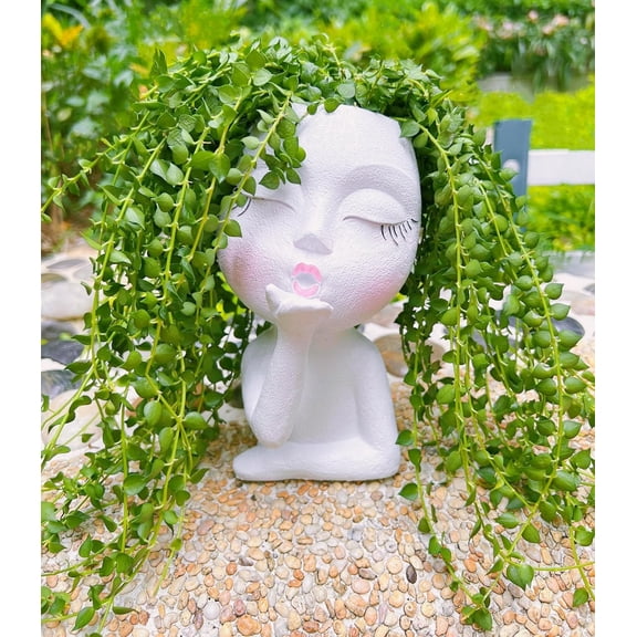 Handmade Face Flower Pots Standing Air Kiss Head Planter Pot for Trailing Plants Cute Succulent Planter Resin Planters Funny Face Planters with Anti-Friction Pads White 1Pack