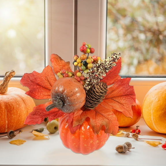 Handmade Fall Pumpkin Centerpiece with Maple Leaves and Berries, Autumn Tabletop Decor for Thanksgiving, Halloween, and Harvest Home Decorations
