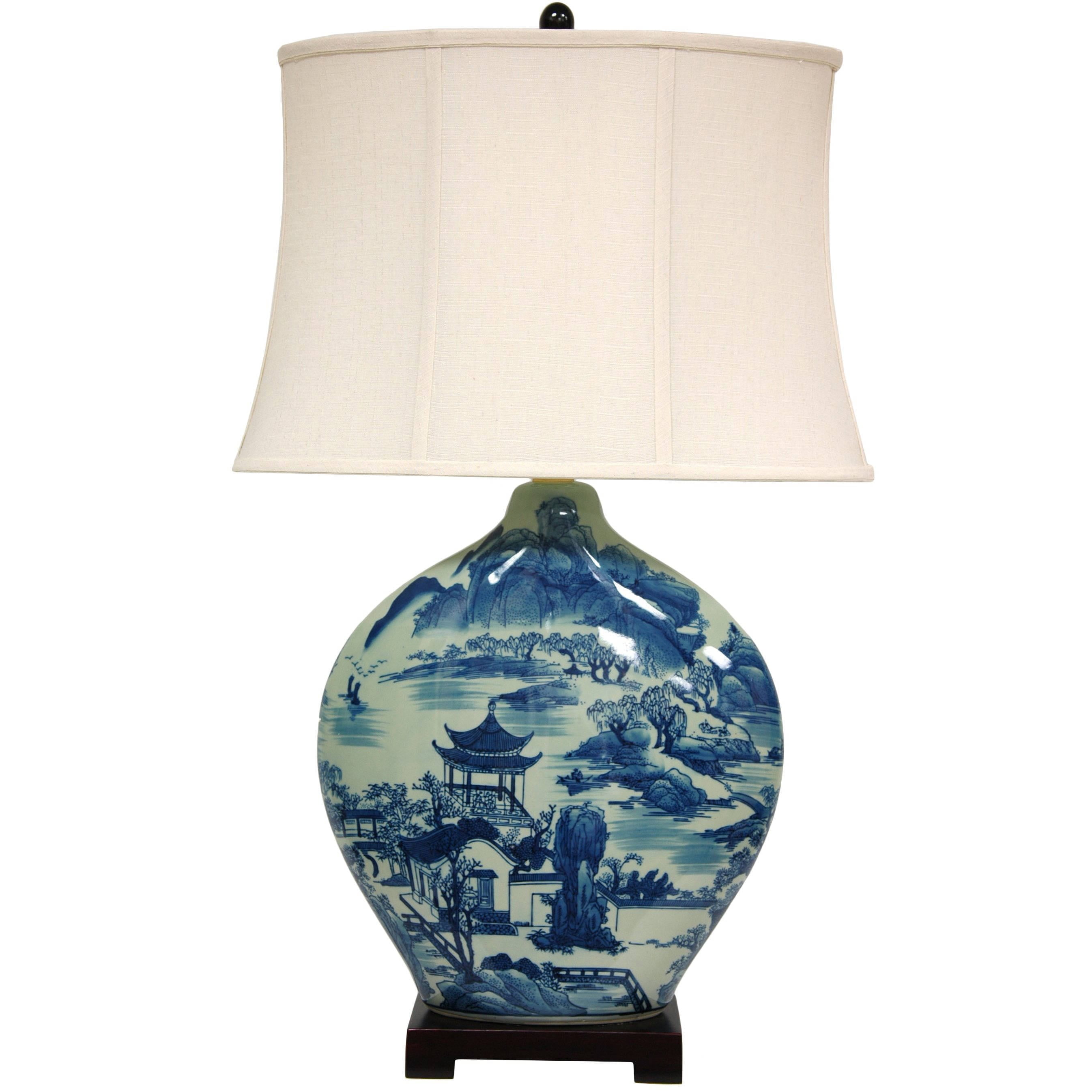 Imperial Blue and White Porcelain Vase Lamp with Off-White Shade