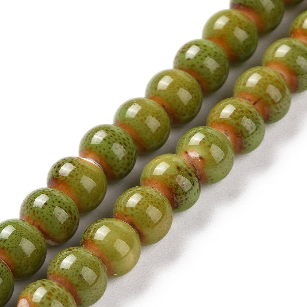 Handmade Fancy Glazed Porcelain Ceramic Round Beads Strands Yellow Green 12~13mm Hole: 2mm 30pcs/strand 12~13 inch