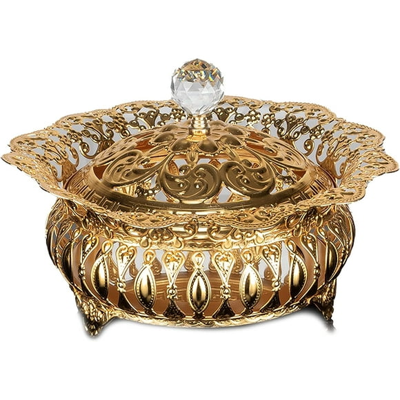 Handmade Fancy Sugar Serving Bowl with Lid and Crystal Top, Stainless Decorative Candy Dish, Footed Gold Candy Jars for Office Desk (Gold)