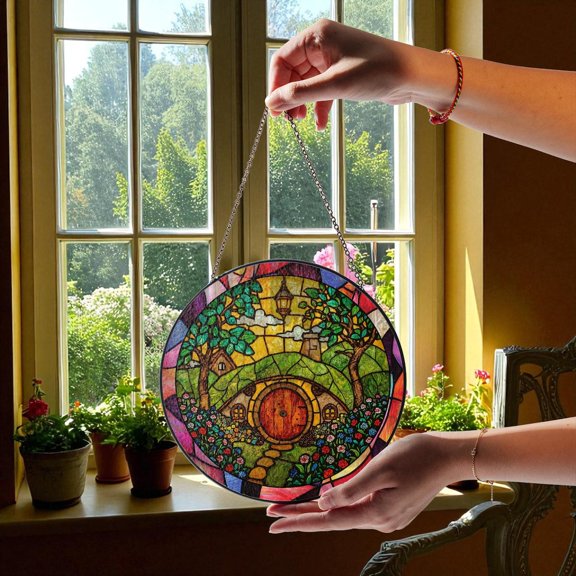 Handmade Fantasy Cottage Glass Suncatcher, Window Hanging Decor, Magic Cottage Art, Cottagecore Home, Suncatcher Window Hanging, 7.9 in