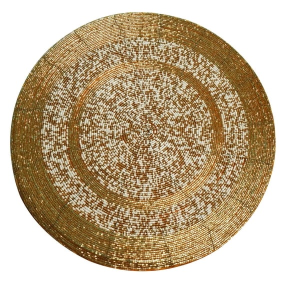 Handmade Farmhouse Beaded Placemat Set - Gold & White, 13" Round (Set of 4)