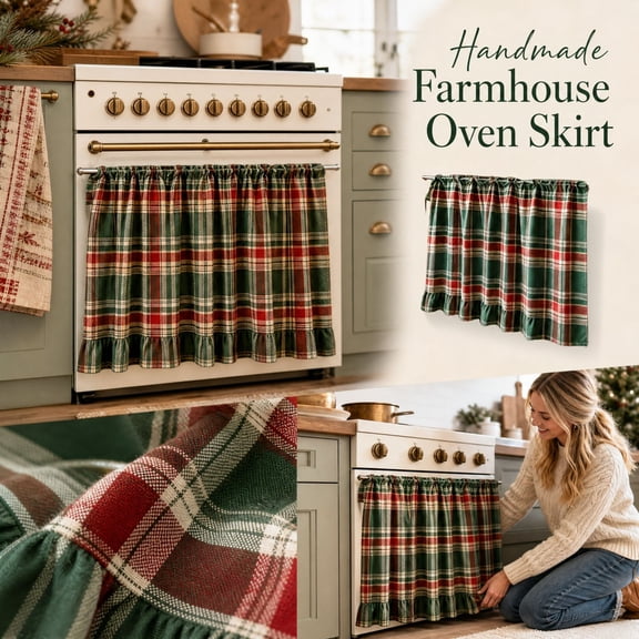 Handmade Farmhouse Oven Skirt, Rod Pocket Plaid Fabric Curtain for Kitchen Cabinet Sink & Stove Area, Window Valance