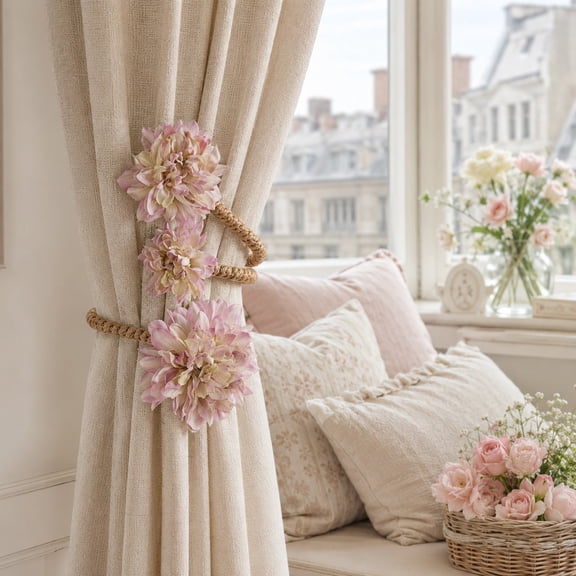 Handmade Faux Flower Jute Rope Curtain Tiebacks – Bendable Fabric Blooms Boho Window Drape Holdbacks No Drill for Living Room Bedroom