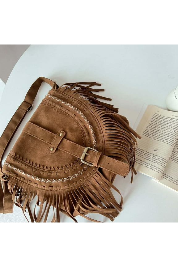 Handmade Faux Suede Shoulder Bag Tassel Bag Retro Saddle Bag Fringed Bohemian Satchel Fashion Handbag for Women Ladies Girls Summer Casual