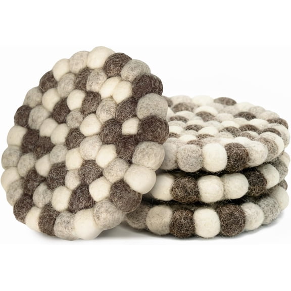 Handmade Felt Ball Coasters, 4 Inch Round Wool Drink Mats, Heat Resistant & Absorbent Natural Wool Table Protection, Set of 4