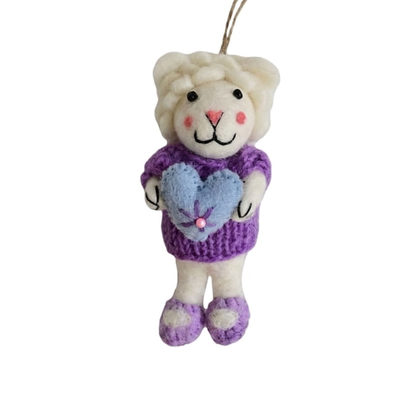 Handmade Felt Lamb Holding a Heart - A Healing, Rustic Style Doll, Sweater Lamb Bag Charm, Holiday Gift