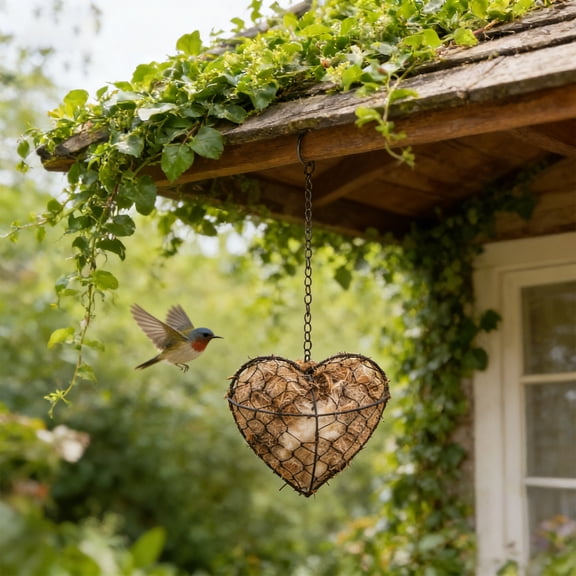 Handmade Fiber Bird Nesting Heart 3D Filled Birdhouse for Winter Animal Hummingbirds and Wild Birds in Outdoor Garden Hanging Decor