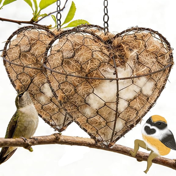 Handmade Fiber Bird Nesting Heart, Birds Nests Material Holder, Hummingbird Nest Boxes for Outside, Winter Fowl Gifts Animal Hummingbirds Lovers Home Garden Yard(2Set)