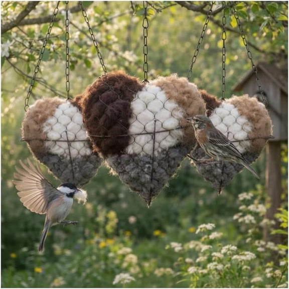 Handmade Fiber Bird Nesting Heart, Refillable Birds Haven 1 Heart Shape Hummingbird Nesting and 2 Bags of Nest Materials, Winter Fowl Gifts Animal Hummingbirds Lovers Home Garden Yard