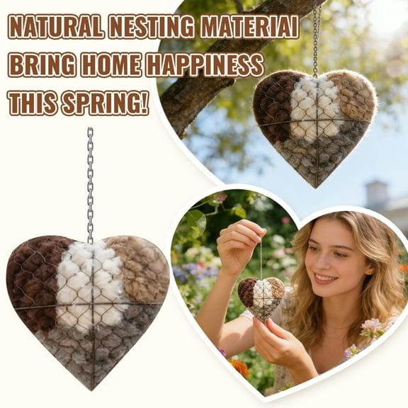 Handmade Fiber Bird Nesting Heart, Refillable Birds Haven 1 Heart Shape Hummingbird Nesting and 2 Bags of Nest Materials, Winter Fowl Gifts Animal Hummingbirds Lovers Home Garden Yard
