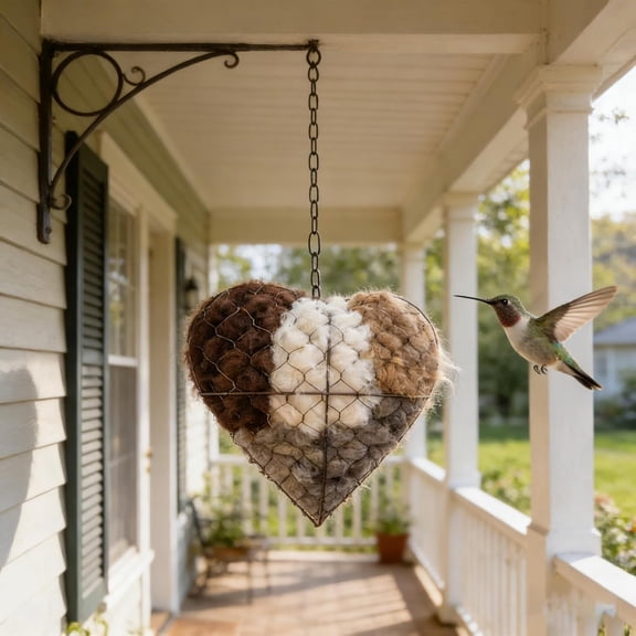 Handmade Fiber Bird Nesting Heart, Refillable Birds Haven 1 Heart Shape Hummingbird Nesting and 3 Bags of Nest Materials, Winter Fowl Gifts Animal Hummingbirds Lovers Home Garden Yard