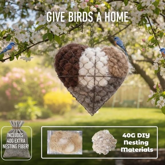 Handmade Fiber Bird Nesting Heart, Refillable Birds Haven 1 Heart Shape Hummingbird Nesting and 2 Bags of Nest Materials, Winter Fowl Gifts Animal Hummingbirds Lovers Home Garden Yard(1Set)