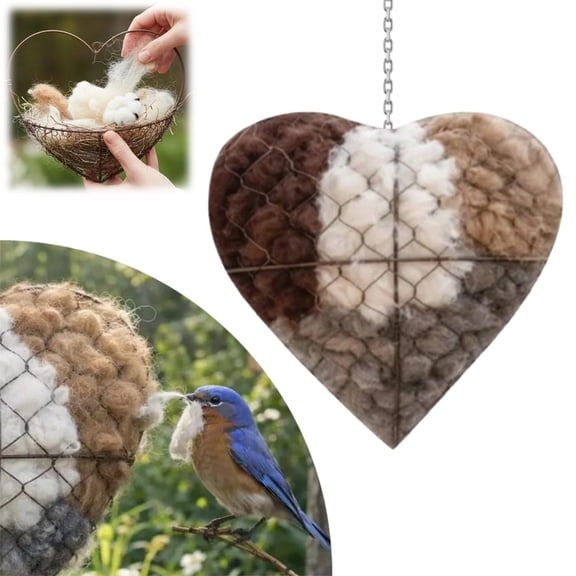 Handmade Fiber Bird Nesting Heart with Refillable Birds Haven 1 Heart Shape Hummingbird Nesting, for Animal Hummingbirds Lovers Home Garden Yard Winter Fowl Gifts