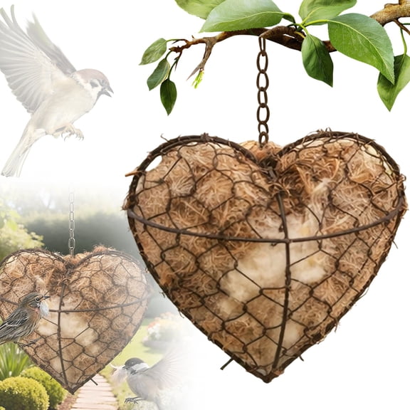 Handmade Fiber Bird Nesting Heart,Refillable Birds Haven 1 Heart Shape Hummingbird Nesting ,Winter Fowl Gifts Animal Hummingbirds Lovers Home Garden Yard(1 Set)