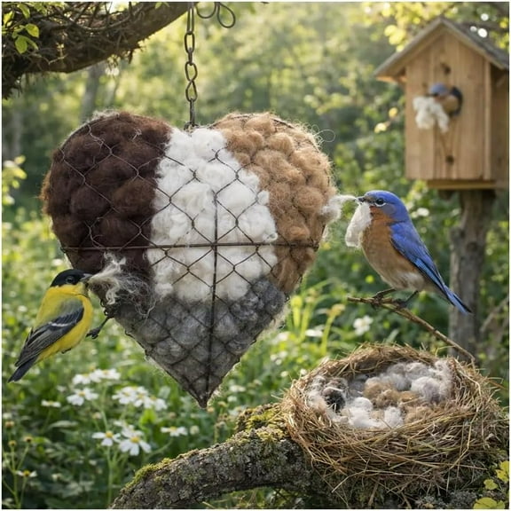 Handmade Fiber Bird Nesting Heart, Refillable Birds Haven 1 Heart-Shaped Hummingbird Nesting Box and 2 Bags of Nesting Materials Winter Fowl Gifts Alpaca Fiber Bird Yard Decor(1Set)