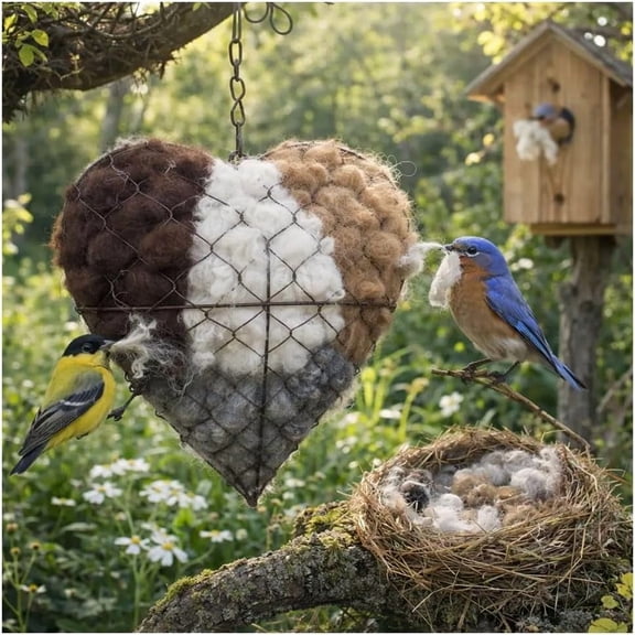 Handmade Fiber Bird Nesting Heart,Refillable Nature Wool Material House Winter Shelter,Starter Hummingbird Houses Nester with 2 Bags Nest Materials,Garden Art Birdhouse Outside Gifts(1PCS)