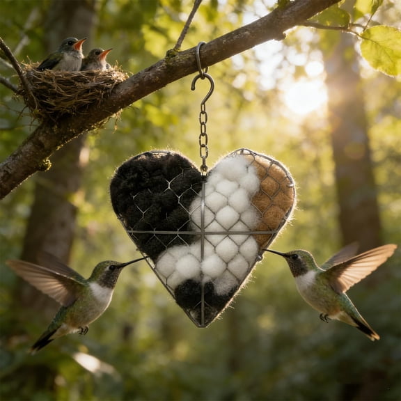Handmade Fiber Bird Nesting Heart Set, Refillable Birds Haven 1 Heart Shape Hummingbird Nesting and 3 Bags of Nest Materials, for Animal Hummingbirds Lovers Home Garden Yard Winter Fowl Gifts