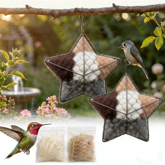 Handmade Fiber Bird Nesting|for Outdoor Home Garden Yard,Hummingbird Unique Gifts for Bird Watchers,Heart Shape Refillable Nesting Balls with Natural Materials(Star 1)