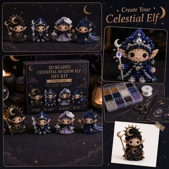 Handmade Figure Craft Set, 3D Beaded Celestial Shadow Elf Diy Kit, Crescent Moon Decor for Subtle Celestial Shelf and Table Accents, String for Crafts and Pre-Portioned Beading