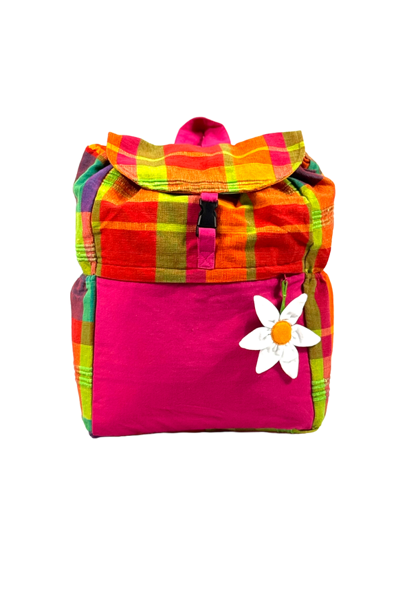 Handmade Backpack Daisy Flower Themed Cotton Book Bag Pink and Orange Travel Daypack for School Beach and everyday use