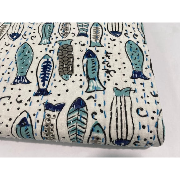 Handmade Fish pattern Kantha Quilt: Coastal Fish & Floral Throw Blanket