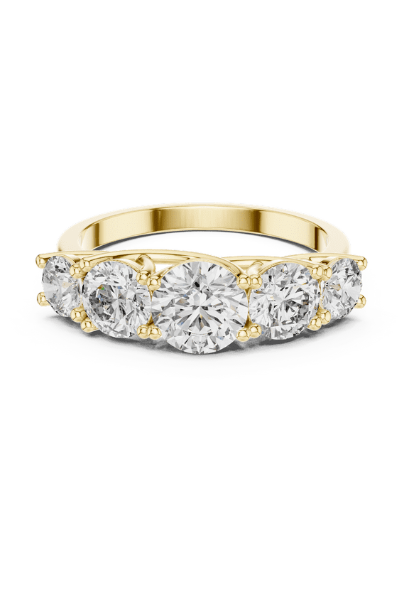 Handmade Five Stone Moissanite Trellis Ring - Sparkling Round Cut Diamond Simulant - 18k Yellow Gold over Silver - Elegant Shared Prong Promise Ring