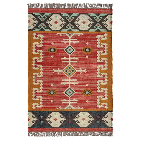 Handmade Flatweave Kilim Area Rug, Southwestern Tribal Geometric Accent Rug with Fringe, Cotton Blend Woven Carpet for Living Room, Bedroom, Entryway