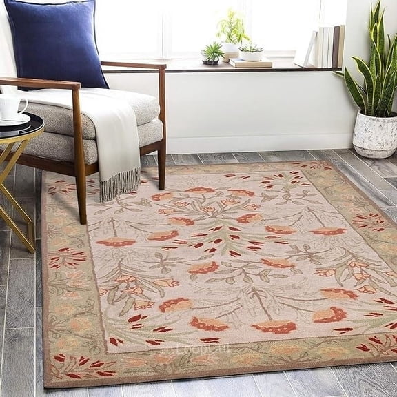 Handmade Floral Adeline Beige/Blue Tulips Traditional Crafted Wool Area Rug for Living Room Bedroom and Kitchen