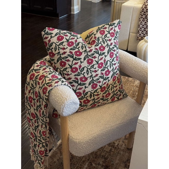 Handmade Floral Block Print Cotton Throw Blanket – Pink & Green Boho Couch Throw with Tassels – Farmhouse Decorative Sofa Blanket
