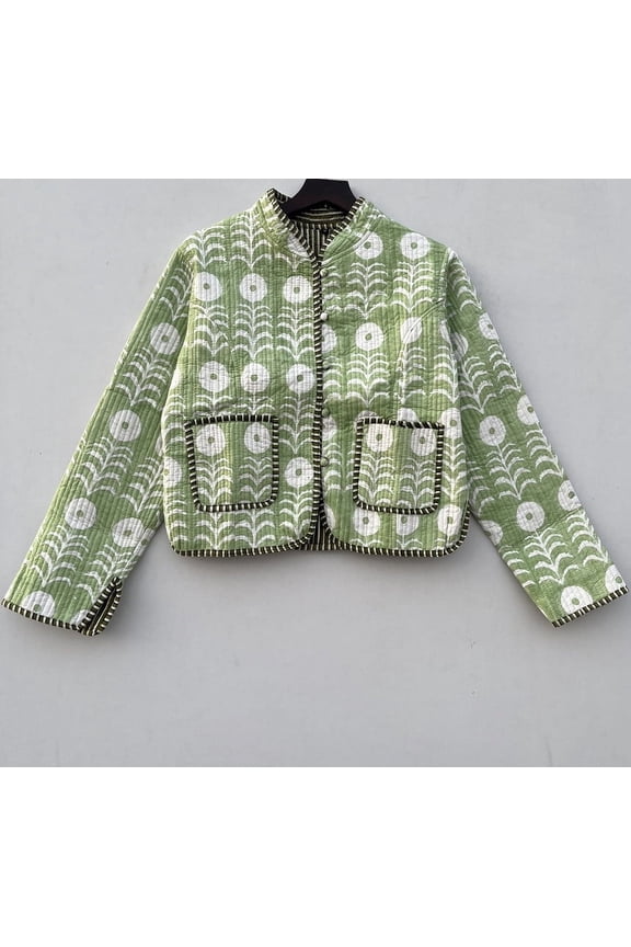 Handmade Floral Block Printed Jacket Cotton Quilted Reversible Collared Bomber Upperwear for Women's