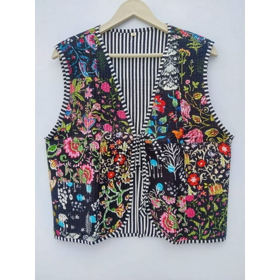 Handmade Floral Block Printed Sleeveless Jacket Cotton Quilted Drawstring Closure Upperwear for Women's