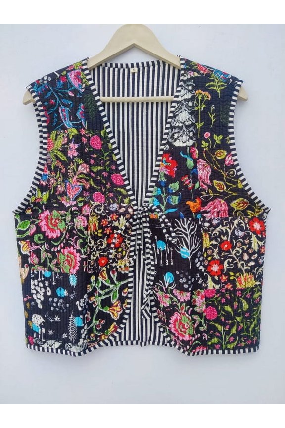 Handmade Floral Block Printed Sleeveless Jacket Cotton Quilted Drawstring Closure Upperwear for Women's