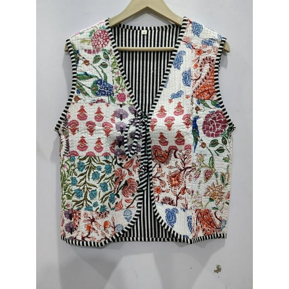 Handmade Floral Block Printed Sleeveless Jacket Cotton Quilted Drawstring Closure Upperwear for Women's